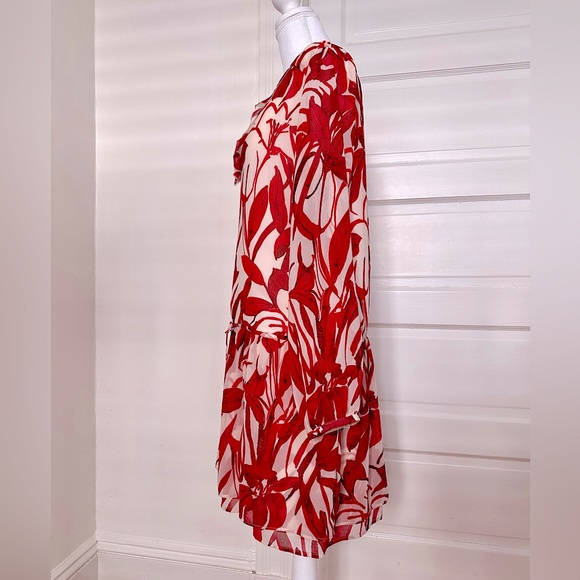 NWT Mango Suiting Red Floral V-Neck Sheer Long Sleeve Tunic Dress, Size 8 US - Picture 5 of 13